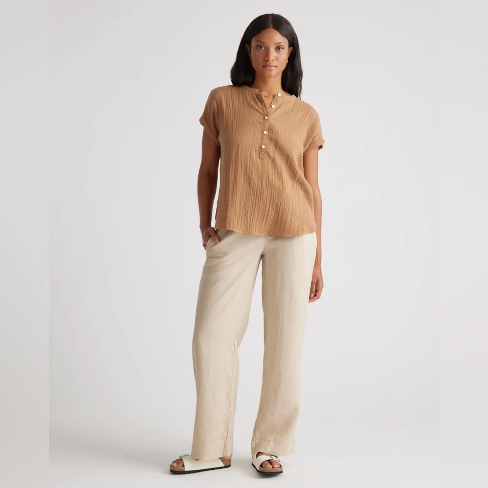 Quince 100% Organic Cotton Gauze Roll Sleeve Boho Office Shirt Toasted Coconut S - Picture 3 of 12